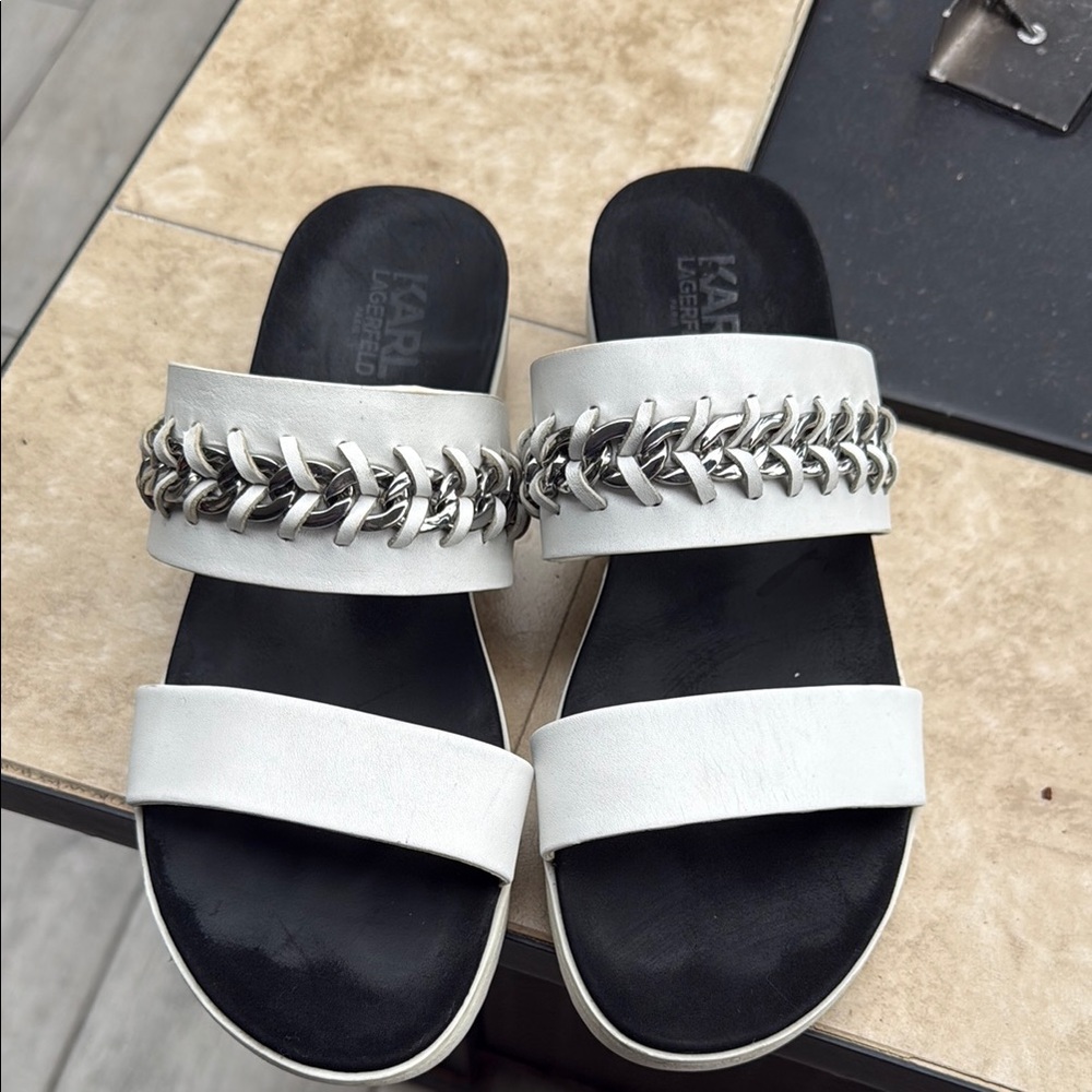 Karl Lagerfeld White Chain Slide Sandals
